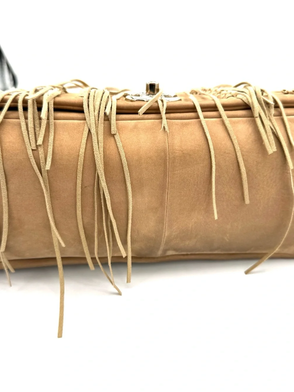 Chanel Tan Brown Suede Fringe Floral CC Flap Bag